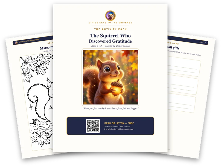 The Squirrel Who Discovered Gratitude printable activity pack: cover, coloring page and activity pages