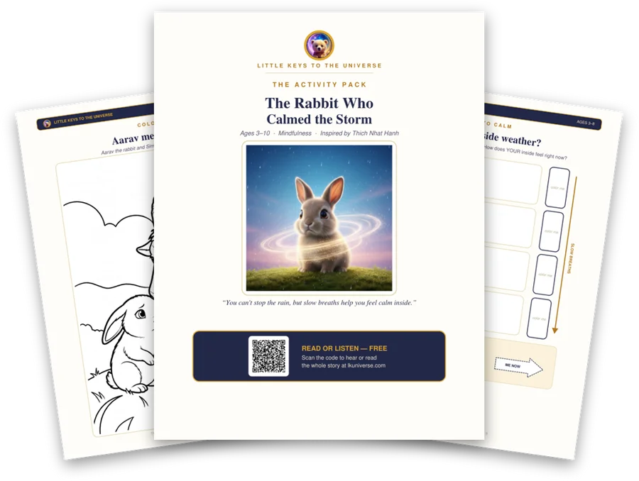 The Rabbit Who Calmed the Storm printable activity pack: cover, coloring page and activity pages
