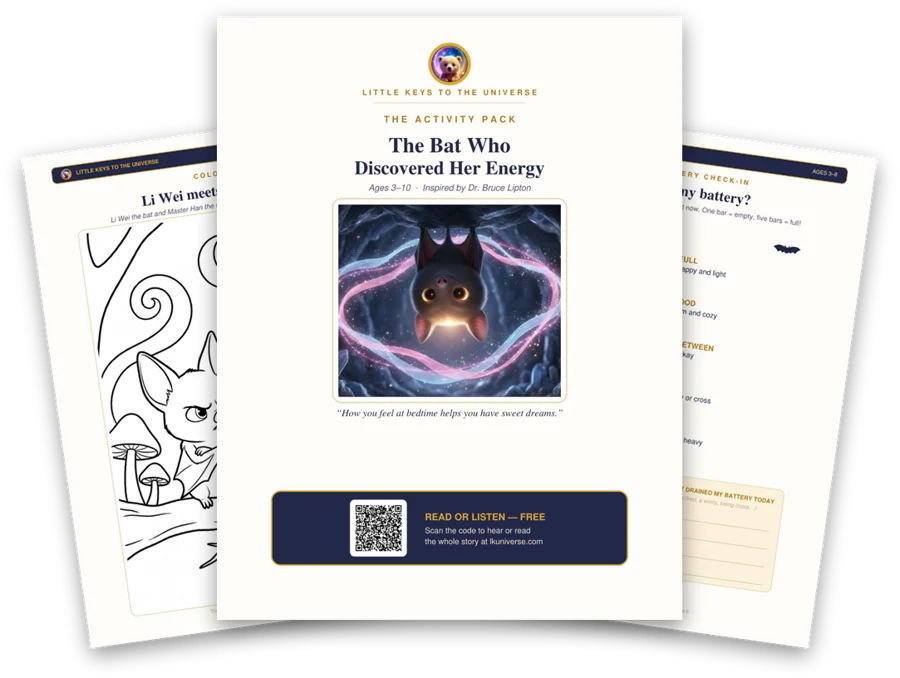 The Bat Who Discovered Her Energy printable activity pack: cover, coloring page and activity pages