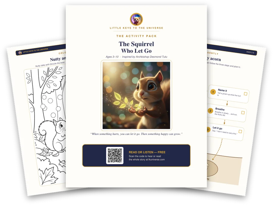 The Squirrel Who Let Go printable activity pack: cover, coloring page and activity pages