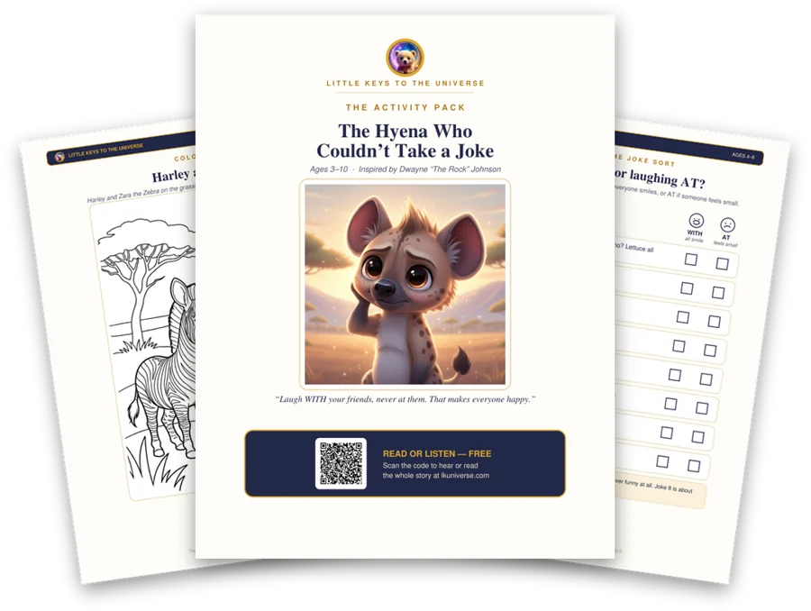 The Hyena Who Couldn't Take a Joke printable activity pack: cover, coloring page and activity pages