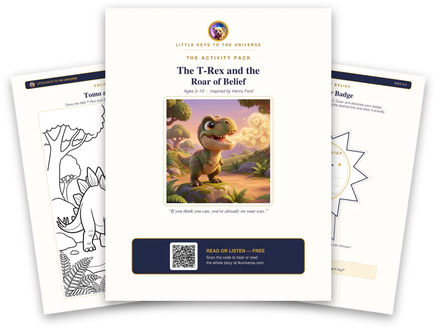 The T-Rex and the Roar of Belief printable activity pack: cover, coloring page and activity pages