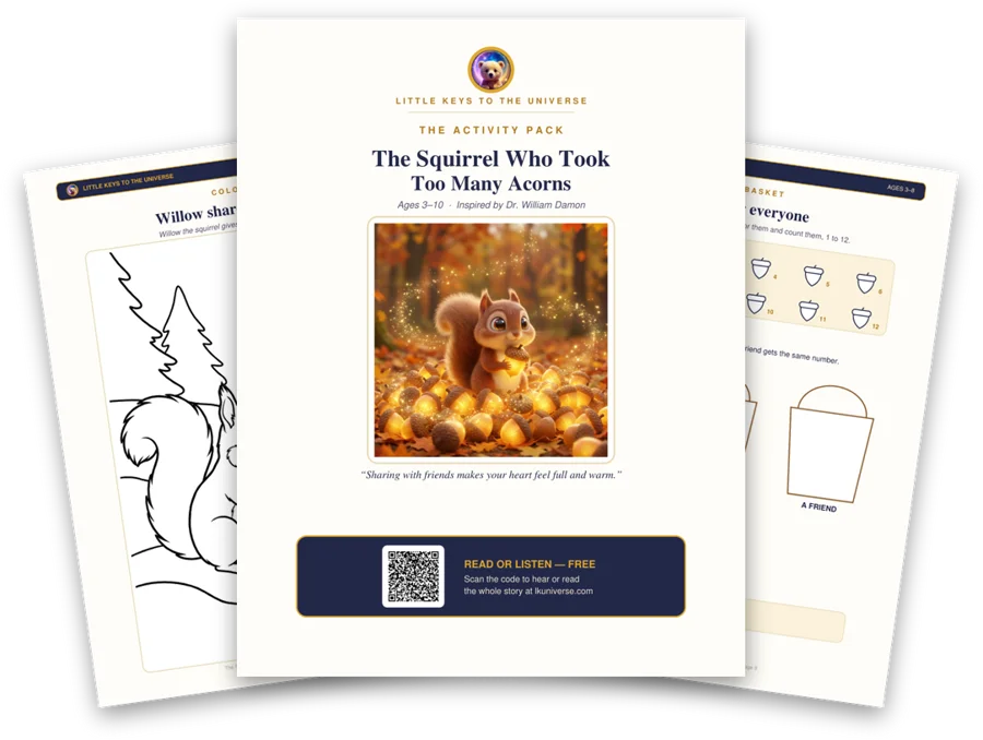 The Squirrel Who Took Too Many Acorns printable activity pack: cover, coloring page and activity pages