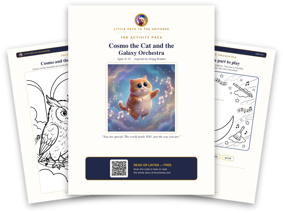 Cosmo the Cat and the Galaxy Orchestra printable activity pack: cover, coloring page and activity pages