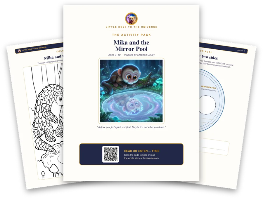 Mika and the Mirror Pool printable activity pack: cover, coloring page and activity pages