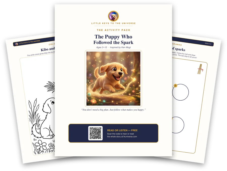 The Puppy Who Followed the Spark printable activity pack: cover, coloring page and activity pages