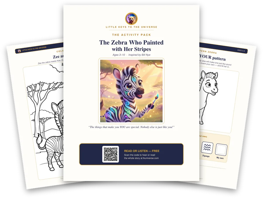 The Zebra Who Painted with Her Stripes printable activity pack: cover, coloring page and activity pages