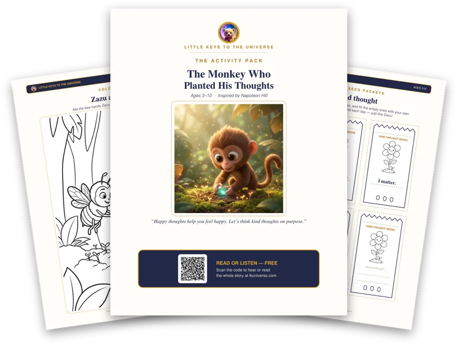 The Monkey Who Planted His Thoughts printable activity pack: cover, coloring page and activity pages