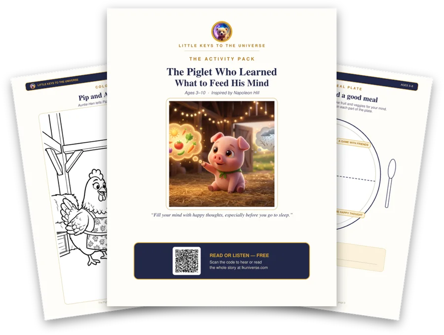 The Piglet Who Learned What to Feed His Mind printable activity pack: cover, coloring page and activity pages